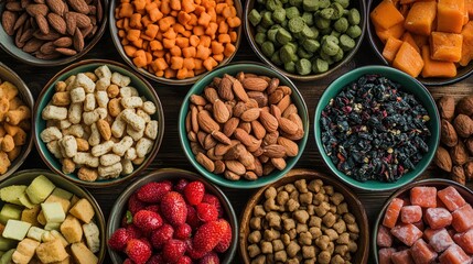 Assortment of pet treats and food in a vibrant, pet-friendly setting.