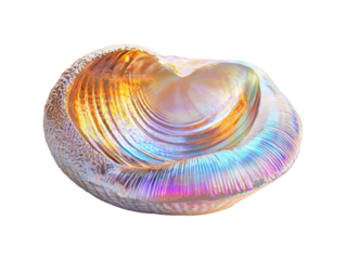 The image showcases a close-up view of a beautiful iridescent seashell with stunning color gradients and intricate details.