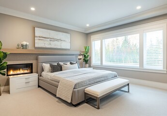 A beautifully decorated and furnished modern bedroom interior is displayed