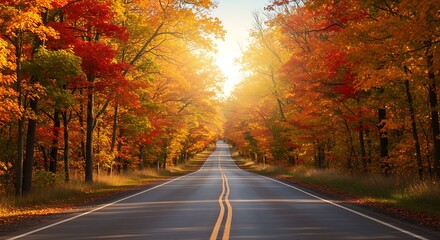 Fototapeta premium Autumn's Golden Road AI Generated