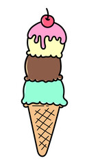 Cute three scoops of ice cream with vanilla, chocolate and mint flavor with cherry fruit on top in waffle cone cartoon style vector illustration