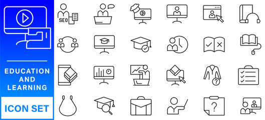 E-learning and education icon set. Online Education icon collection. Distance learning. Video tuition, online course, audio course, digital education, educational website and more.