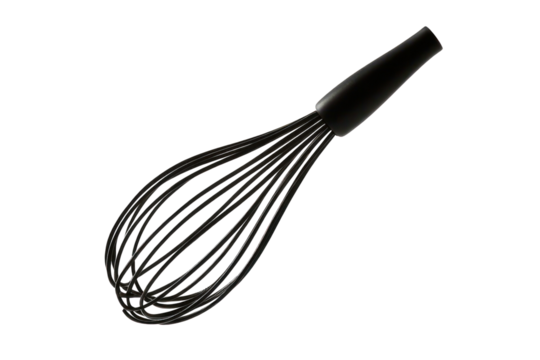 This image shows a close-up of a black whisk used for mixing ingredients in cooking.
