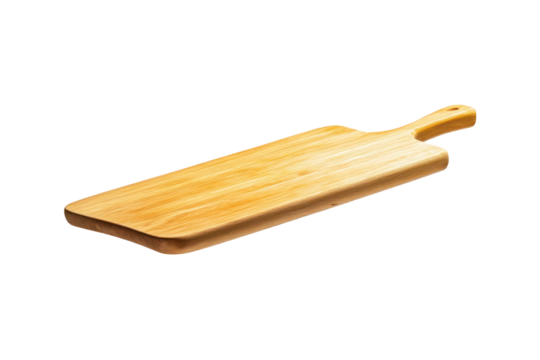 The image depicts a long wooden cutting board, isolated on a transparent background for various uses.