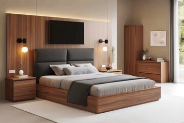 Modern and luxurious bedroom with fine wooden furniture and lighting
