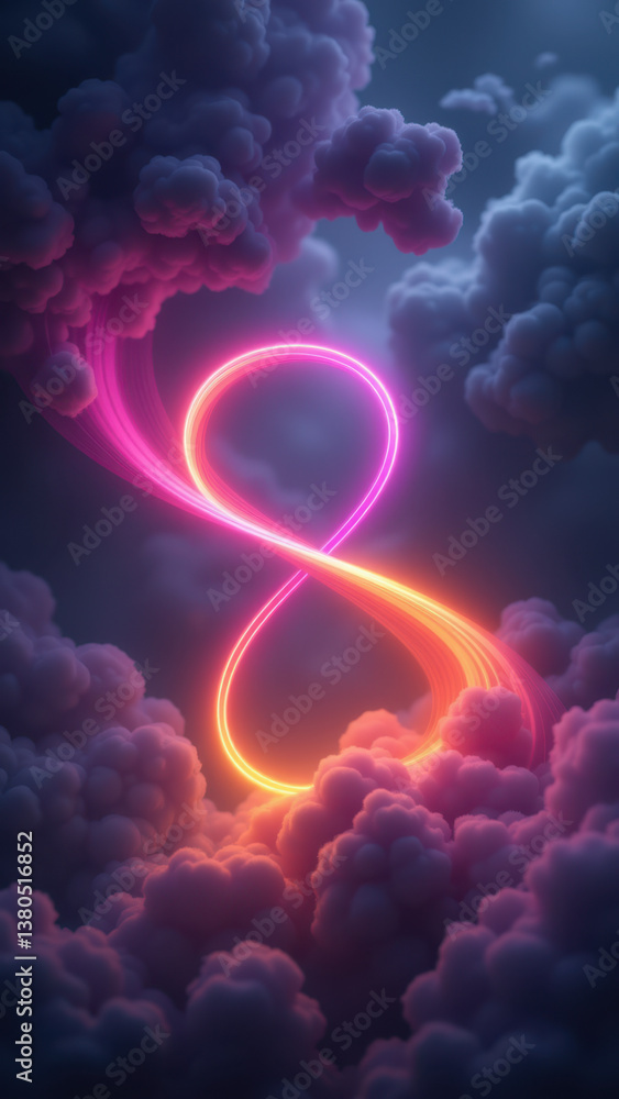 Poster futuristic digital abstract design with a dynamic number eight in vibrant hues of orange and purple 