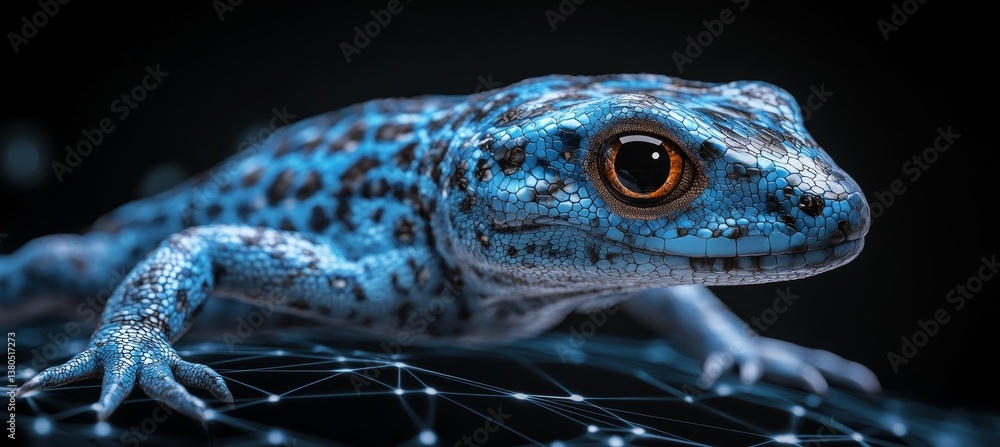 Poster blue holographic lizard on abstract grid exploring the intersection of nature and technology