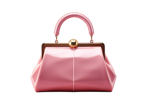 Stylish pink handbag with a textured surface and gold accents, isolated on a white background
