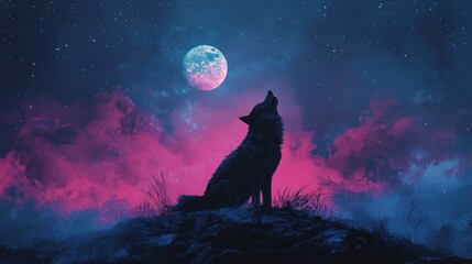 Wolf Howling Underneath the Mystical Night Sky
