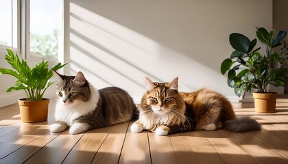 two fluffy cats resting peacefully on a light wooden floor beside indoor plants in a minimalist room