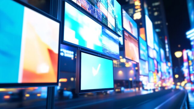 A conceptual representation of advertising through mass media, featuring digital billboards, print ads, and social media promotions,