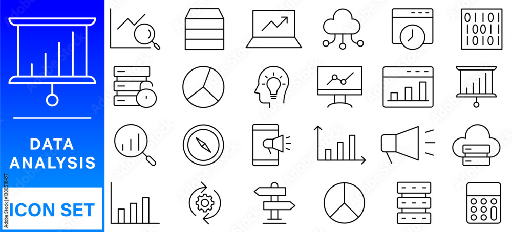 Poster data analysis line icon set. editable stroke. containing as big data, data mining, algorithm, analyt
