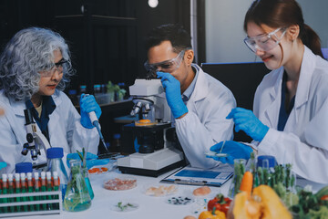 Team Asian scientists in a lab conducting food research using a microscope and lab equipment,...