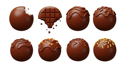 Assorted Chocolate Truffles and Bar with Decorations on White Background