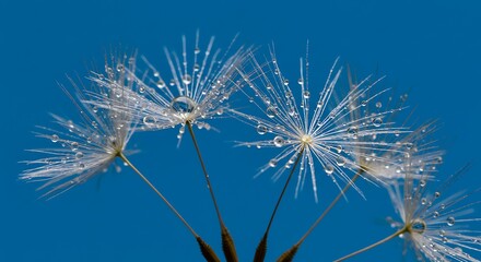 Dew Kissed Dandelion Wishes Azure Dreams Seedhead Symphony Whispers Of White Against Blue Crystal Dewdrops Dandelion Dream AI Generated
