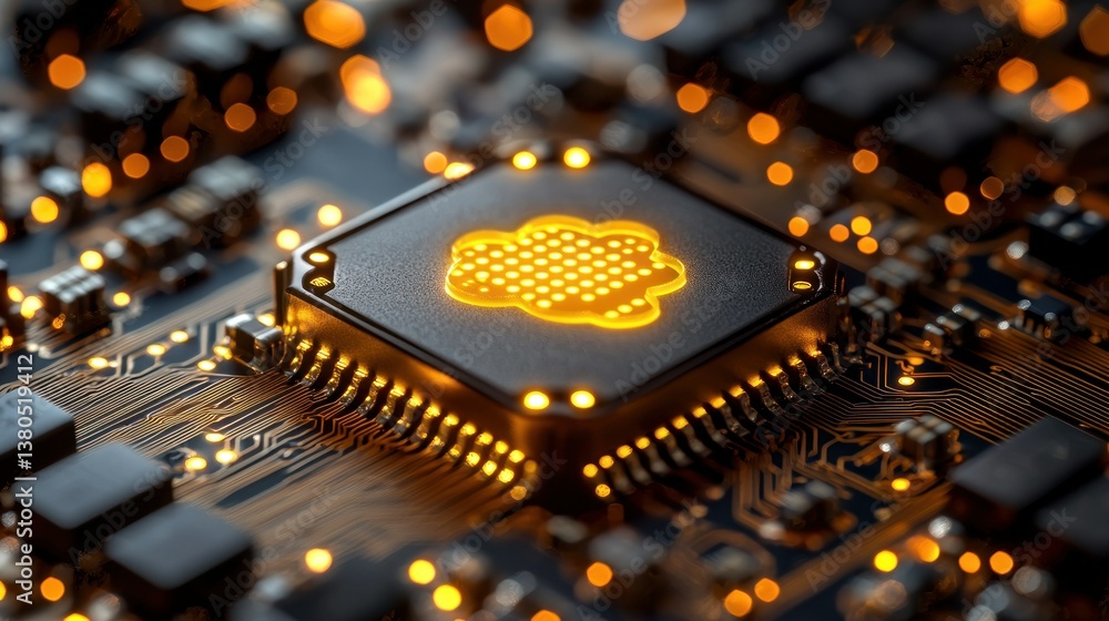 Poster glowing cloud computing chip: digital transformation in the age of technology