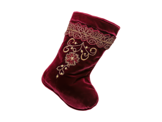 The image shows a detailed close-up of a luxurious velvet Christmas stocking.