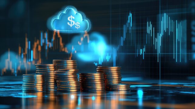 Stacks of golden coins on a reflective digital surface with graphs