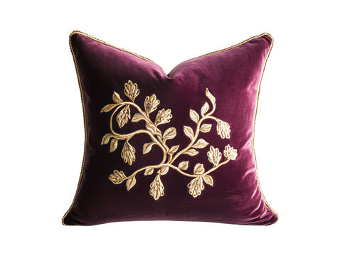 A close-up of a plush, purple velvet pillow featuring exquisite golden floral embroidery in detail. - Powered by Adobe