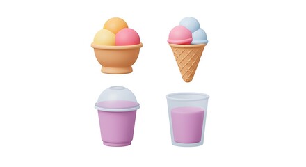 Isolated 3d Render of Ice Cream, Bowl, Cone and Pink Drink