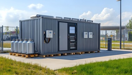 Fototapeta premium Grey Metal Container with Industrial Equipment and Solar Panels