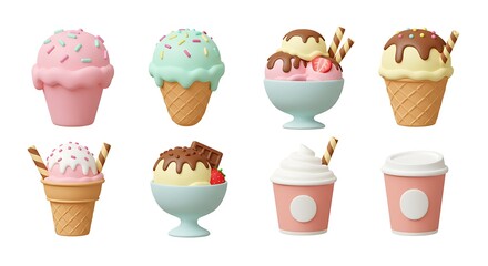 Ice Cream Collection Sweet Treats in Cup Cone and Bowl