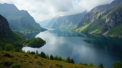 Fototapeta premium Gjende lake in Norway on a cloudy mid-day, photographed from above for a unique perspective.