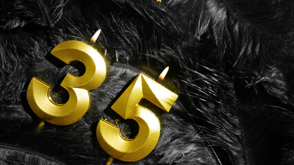 Number 35 golden celebration birthday candle on Black Feathers Background. Thirty-fifth year....