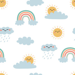 Boho kids seamless pattern with funny weather elements. Sun, rainbow, clouds and rain clouds in Scandinavian style. For fabric design, wallpaper, nursery or baby clothes. Vector illustration.