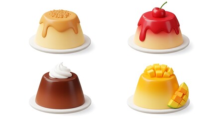 Assorted Pudding Desserts with Toppings on Plates Isolated