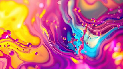 Abstract fluid paint swirls with bubbles and various vibrant colors