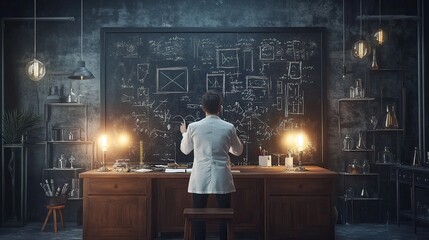 Innovative scientist conducts experiments in dimly lit laboratory creative environment