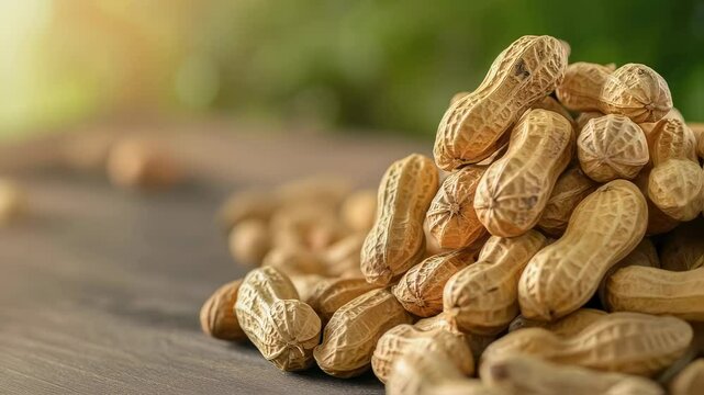 Pile of peanuts in shells on wooden table close up video footage. Healthy snack scattered motion picture. Ingredient pile clip for food product presentation.