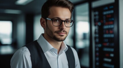 Fototapeta premium male IT specialist in front of servers wearing glasses