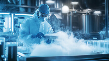 Cryogenics lab technician working with liquid nitrogen