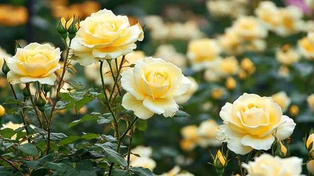 Yellow roses garden swaying in the wind in cinematic shot. Video
