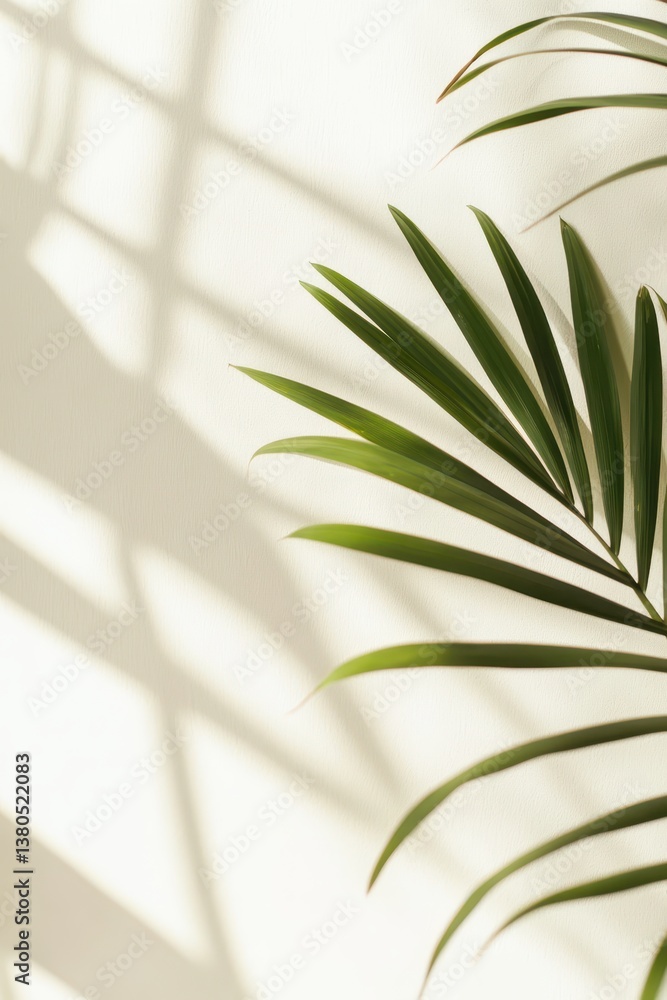 Poster sunlight filters through a window, creating intricate patterns on the wall while vibrant palm leaves