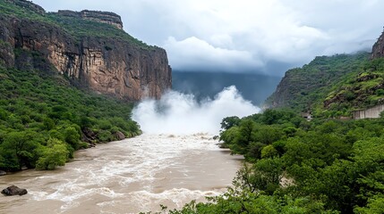 A panoramic view of a river valley before the dam, cloudy sky, strong water currents heading toward the dam intake, Realistic, moody and natural pre-industrial tone