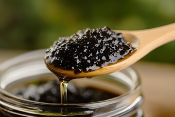 Glossy Natural Black Jam on Wooden Spoon with Jar and Green Background in Soft Focus