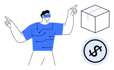Person wearing VR headset and tech-patterned shirt gestures, surrounded by package box and money icon. Ideal for virtual reality, e-commerce, finance, innovation, logistics, tech advancement, digital
