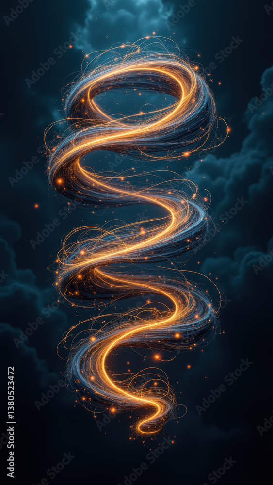 Poster dynamic digital wireframe with a spiraling shape against a stormy sky background.