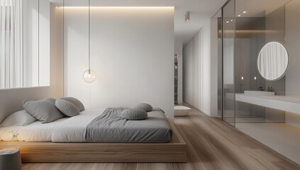 A modern bedroom design with minimalist and neutral tones