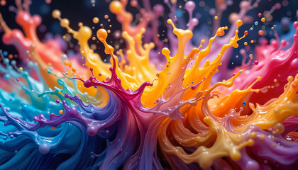 Colorful paint splash creating dynamic patterns against a dark background  