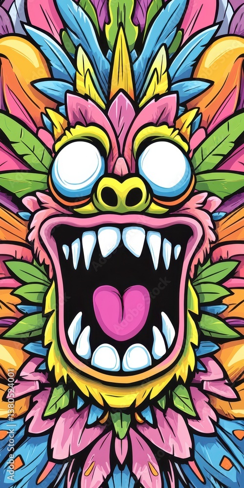 Poster a vibrant monster face with exaggerated features and bright colors is surrounded by intricate floral