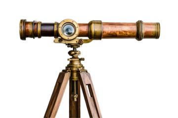 Antique Brass & Wood Telescope on Tripod, Isolated