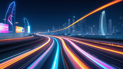 Fototapeta premium Nighttime city traffic with cars speeding on a highway illuminated by lights