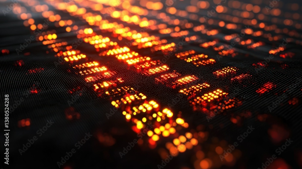 Poster abstract digital data stream: glowing orange binary code on dark background