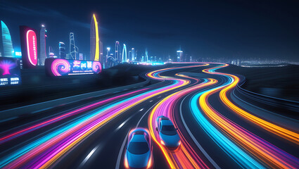 Night city traffic with fast-moving cars on the highway
