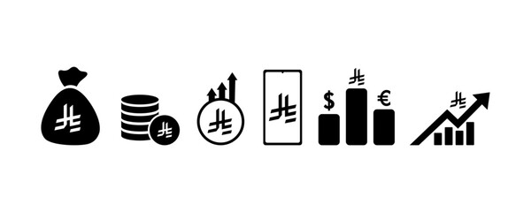 Saudi riyal currency symbol finance icons. money signs. Money silhouette collection. Financial chart icon. Coins silhouette icon. Growth chart. Moneybag or stash, flat icon vector set