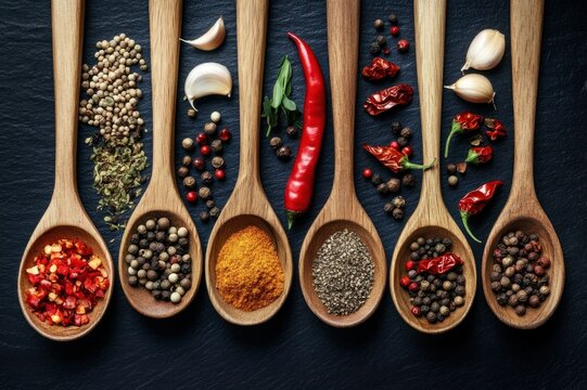 Colorful Spices and Herbs in Wooden Spoons on Dark Slate Surface for Culinary Inspiration - Powered by Adobe